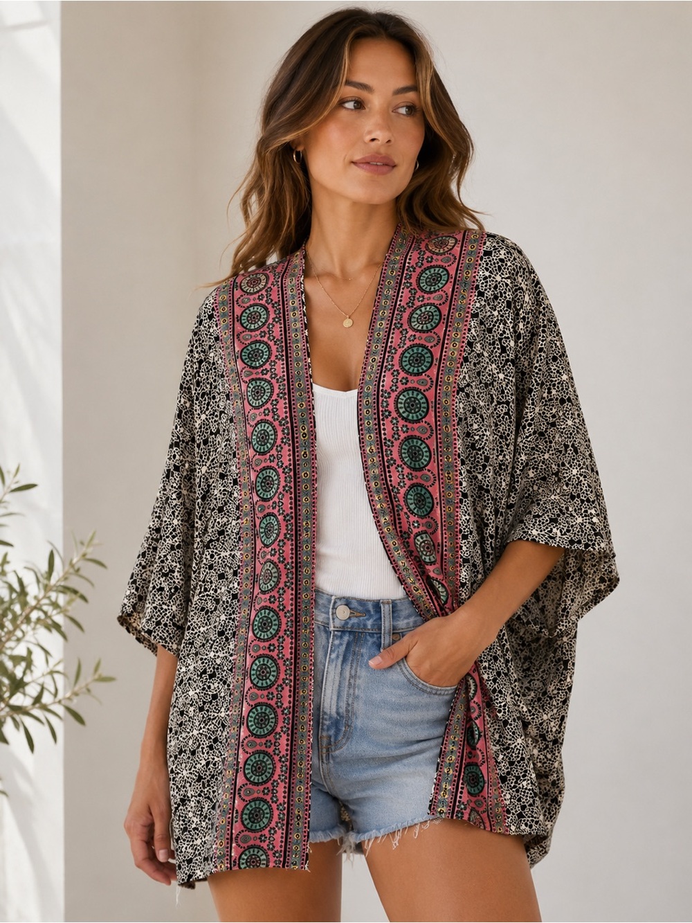 Women's Black & Pink Patterned kimono with Teal Accents